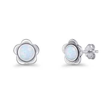 Flower 7.5mm Round Lab Created White Opal Floral Stud Earring Oxidized 925 Sterling Silver Wholesale